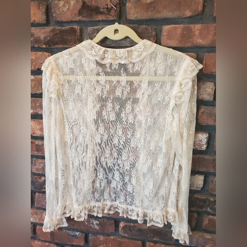 Sheer Lace Ruffle Open-Front Cardigan - Cream - Picture 2 of 7